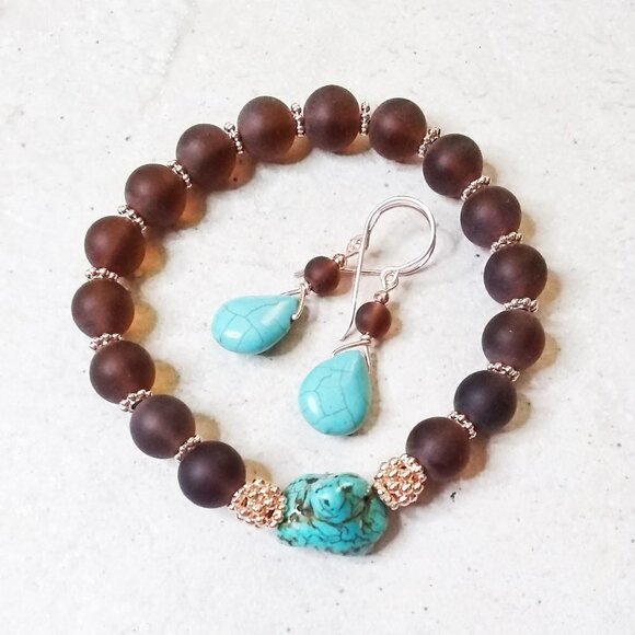🎁🎁🎁 GIFT WORTHY ~ Beaded Bracelet + Earring Set! Turquoise + Brown + Rosegold - Picture 1 of 8